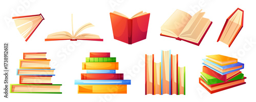 A stack of colorful books, open and closed, in various positions. A bookshelf, a paper notebook, a diary, a textbook. Concept for World Book Day, a school, a university, a bookstore, a library.
