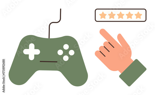 Green gaming controller next to hand rating with five stars. Ideal for gaming, reviews, user feedback, excellence, digital interaction, entertainment, simple flat metaphor