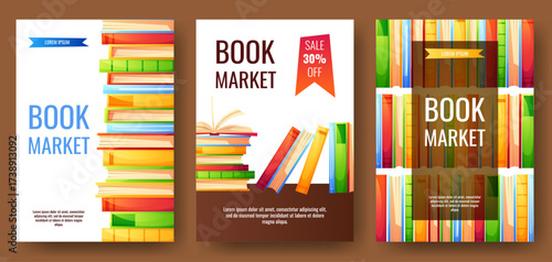 Poster with colorful books in different positions, on a white background with text. A template for a book market poster. Book lover, bookstore, library, reading concept, book festival. World Book Day