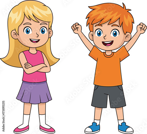Happy cartoon boy and girl standing together, kids illustration, joyful children characters, cute friendship drawing, smiling kids, fun lifestyle artwork