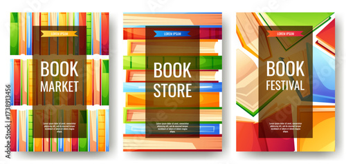 A poster with colorful books in different positions, on a dark background with text. A poster template for a book market. Book lover, bookstore, library, reading concept, book festival. World Book Day
