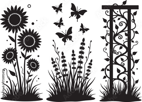 Elegant garden silhouettes with sunflowers and butterflies