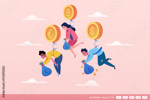 Three people float holding bags of money tied to large coins