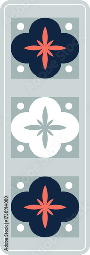 Three stylized floral motifs arranged vertically on a gray background