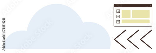 Cloud with a checklist interface and arrows representing data flow. Ideal for cloud computing, data management, storage, web services, workflow, task management, simple flat metaphor