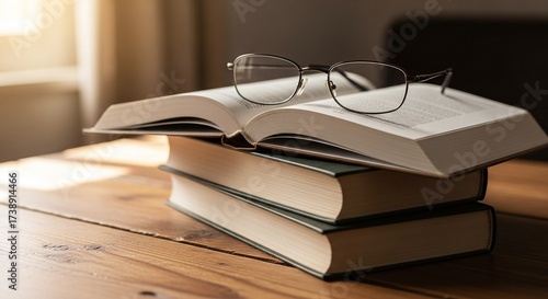 Open Book On Top Of Stack Of Books With Reading Glasses On A Wooden Desk