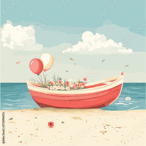 A pastel-pink vintage a boat, filled with balloons and flowers, sits on the beach. , vector style simple color