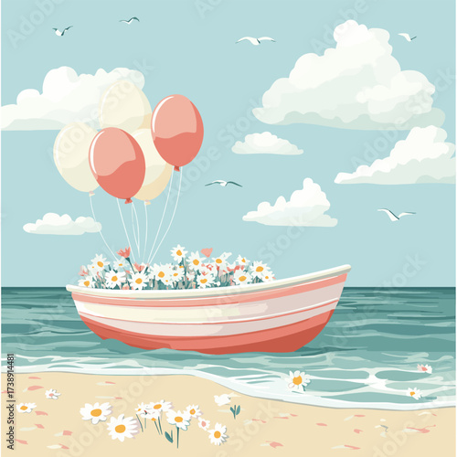 A pastel-pink vintage a boat, filled with balloons and flowers, sits on the beach. , vector style simple color