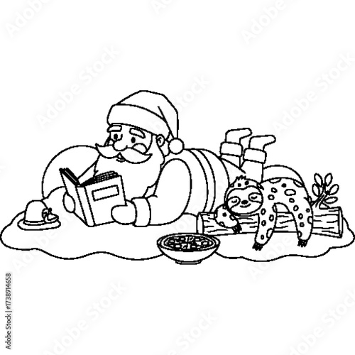 Pictures of Santa and lazy sloth reading books during Christmas holidays, best vectors for children's creative drawings, digital stamps, DIY craft projects and festive themed educational activities.