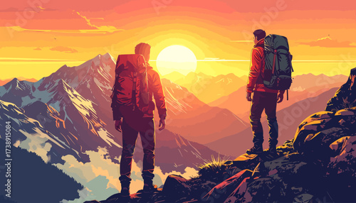 Two hikers on a mountain peak watching the sunset.