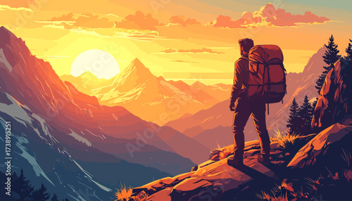 Hiker with backpack standing on mountain peak watching sunrise.