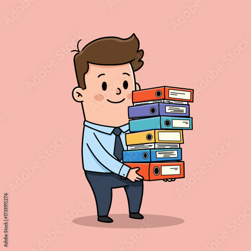 Cartoon man in light blue shirt with dark blue tie, smiling while holding colorful binders on light pink background.