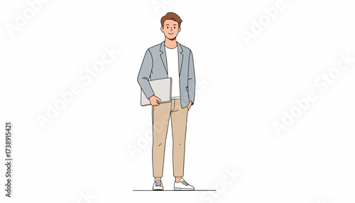 Illustration of a man in a blazer holding a laptop and standing with one hand in his pocket.