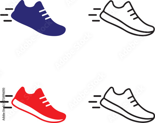 Fast running shoe black vector icons set, editable athletic footwear symbols, modern flat minimal style, clean bold shapes, speed motion icons, buyer focused vector design