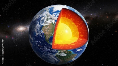 Detailed 3D Earth cutaway shows its layers crust fiery mantle bright orange outer core and glowing yellow inner core The planet floats in star-studded space with distant spiral galaxy visible