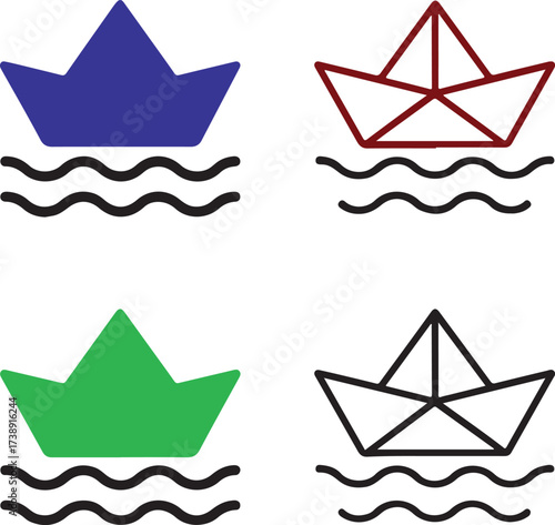 Paper boat black vector icons set, editable floating sailing symbols, modern flat minimal style, clean bold shapes, origami boat icons, buyer focused vector design