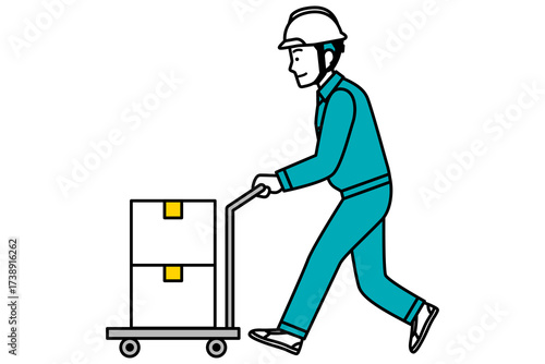 台車で荷物を運ぶ作業員の男性
