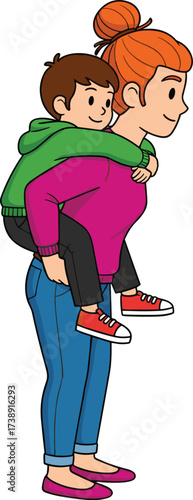 Happy mother carrying son on back, smiling family cartoon, mom and child together, parent love, playful piggyback ride, cheerful vector illustration