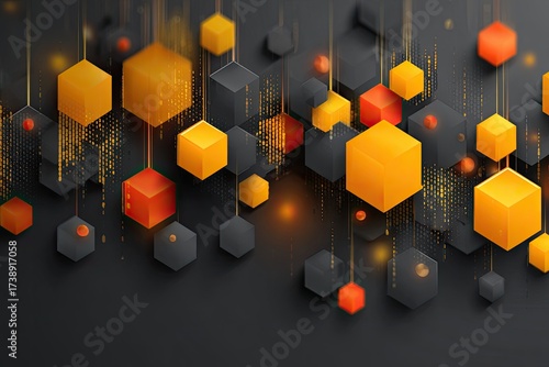 Abstract geometric pattern of orange and red cubes on a dark background with hexagons
