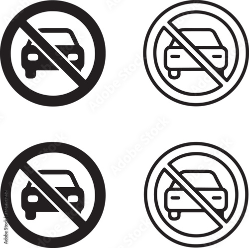 No entry for vehicles black vector icons set, editable traffic prohibition restriction symbols, modern flat minimal style, clean bold shapes, no vehicle icons, buyer focused vector design