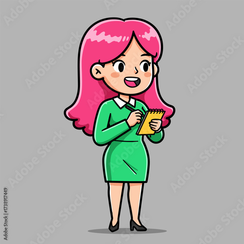 Cartoon woman with pink hair in green dress, writing on yellow notepad, standing on gray background.