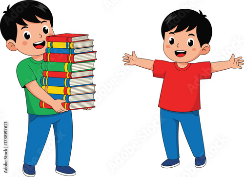 Smiling cartoon boys with books, education and learning illustration, children studying knowledge concept, happy kids friendship, school reading activity background