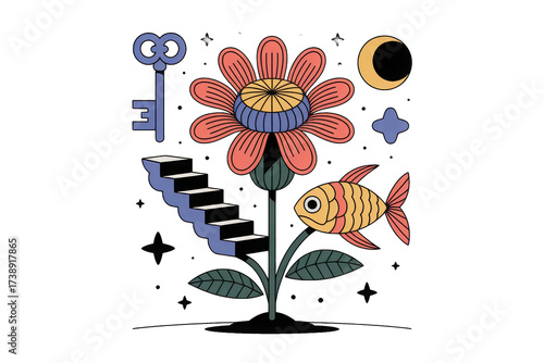 Whimsical surreal illustration of a flower with a fish moon and key isolated on transparent background