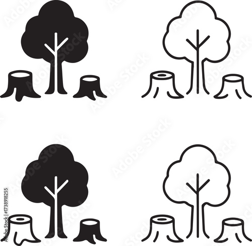 Deforestation black vector icons set, editable environmental conservation symbols, modern flat minimal style, clean bold shapes, tree stump icons, buyer focused vector design