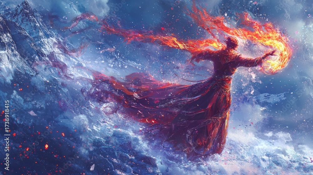 Naklejka premium Powerful Sorcerer Unleashing Fire and Ice in a Majestic Winter Mountain Landscape, Dynamic Elemental Magic Art
