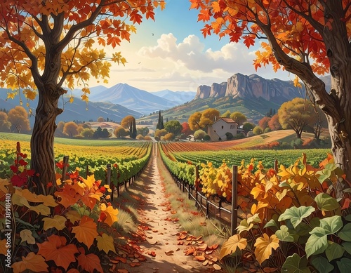 Autumn Vineyard Landscape Scenic View.
