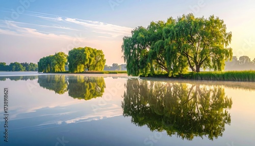 Scenic Lake with Reflections and Trees under Sunrise in Misty Morning Serene Waterscape with Cloudscape Soft Pastel Tones Natural Light Idyllic Landscape