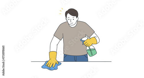 Man cleaning surface with spray bottle and wipe, embodying hygiene and a fresh, sparkling clean home, promoting wellness and healthy living