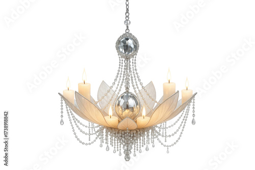 Elegant crystal chandelier with candle shaped lights isolated on transparent background