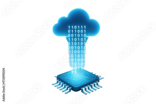 Digital cloud computing from microchip isolated on transparent background