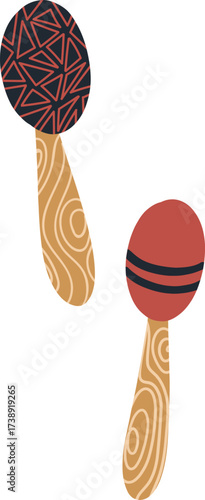 Two maracas with patterned heads and wooden handles on a white background