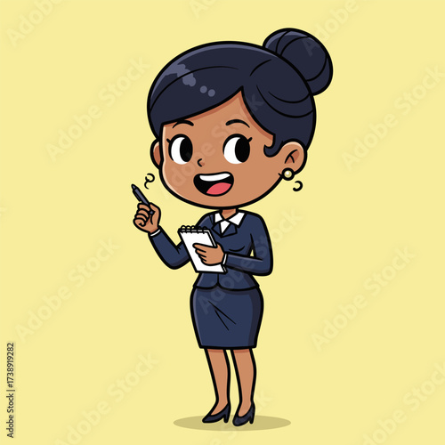 Cartoon woman in navy suit with notepad and pen, smiling confidently on light yellow background.