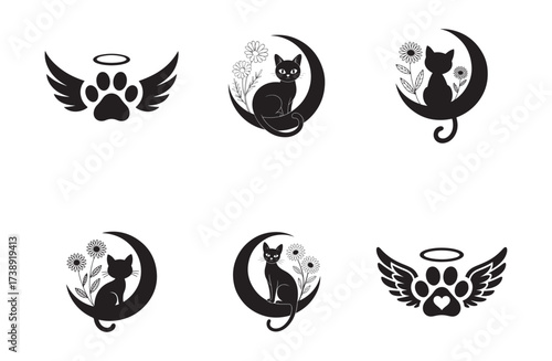 Cat Silhouette with Moon. Flowers and Angel Paw Print Vector Set