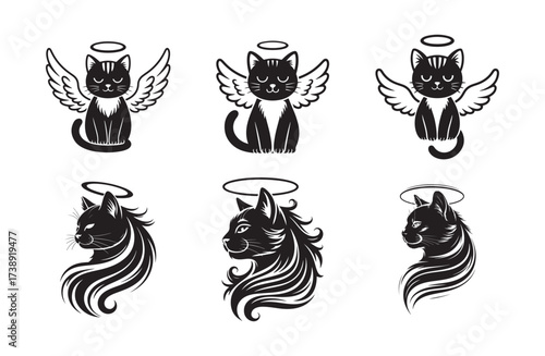 Angel Cat Silhouette Vector Set with Wings and Halo
