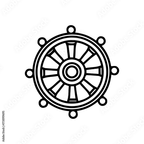 A black line art depiction of a Dharma wheel a Buddhist symbol featuring spokes and an outer ring