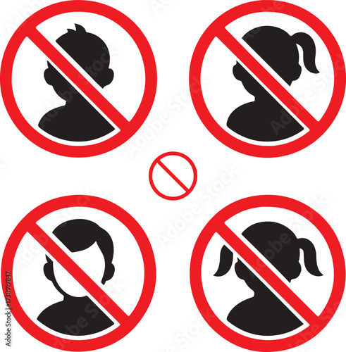 No children allowed sign black vector icons set, editable prohibition family symbols, modern flat style, clean bold shapes, no children icons, buyer focused vector design