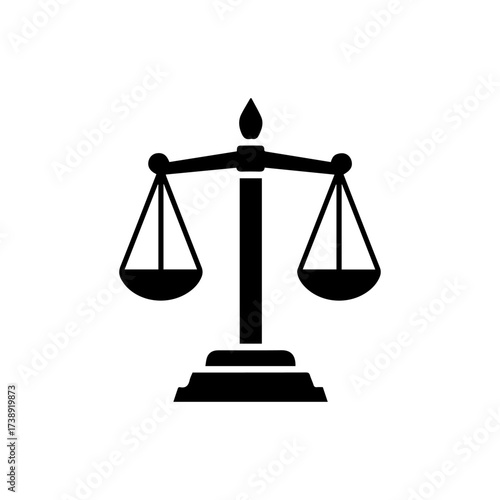 A black silhouette of the scales of justice with two triangles a center post and base