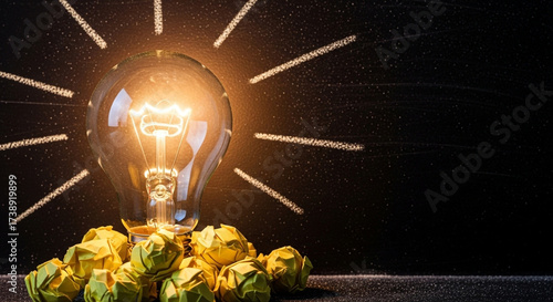 Glowing light bulb with radiant rays and golden bokeh sparks, inspiration and innovation visual for creative campaigns, product launches, pitch decks and brand storytelling