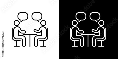 Vector icon illustration of two people sitting at table with speech bubbles in outline style black and white version suitable for meeting discussion interview and communication design
