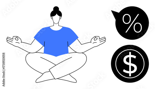 Woman sits cross-legged meditating, accompanied by percent and dollar icons. Ideal for finance, mindfulness, savings, investments, budgeting, self-care work-life balance visuals. Simple flat