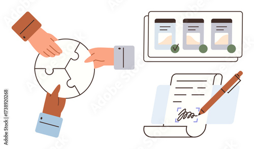Hands assembling a puzzle, a task checklist, and a signed contract. Ideal for teamwork, project management, agreement, trust, productivity planning partnerships. Simple flat metaphor