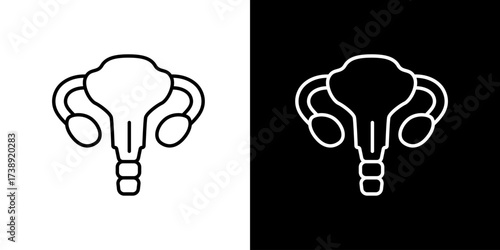 Vector icon illustration of human uterus and ovaries in outline style black and white version suitable for medical anatomy gynecology and healthcare design