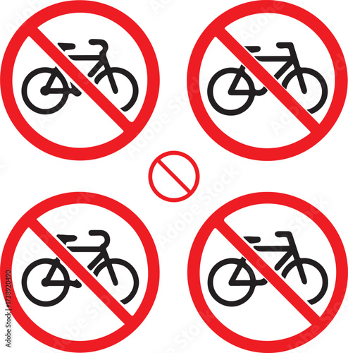 No cycling sign black vector icons set, editable prohibition bicycle symbols, modern flat style, clean bold shapes, no cycling icons, buyer focused vector design