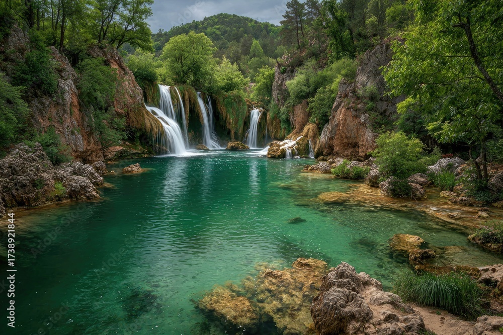 Fototapeta premium Lush waterfall cascading into a crystal-clear pool, surrounded by forest
