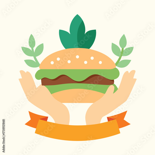 Vector art of flat design illustration of a burger held by hands with leaves and a ribbon, representing fast food and organic ingredients logo design