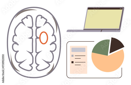 MRI brain scan highlighting a specific area, laptop screen, and data charts. Ideal for neuroscience, healthcare, diagnostics, research, data analysis education and technology blend. Simple flat